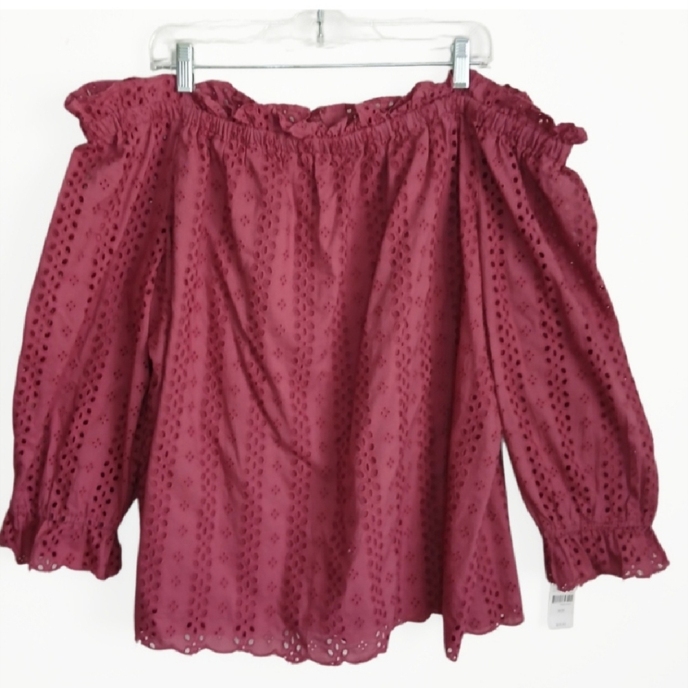 Lane Bryant Blouse Top Women's Size 18/20 Burgundy Off Shoulder Eyelet NWT